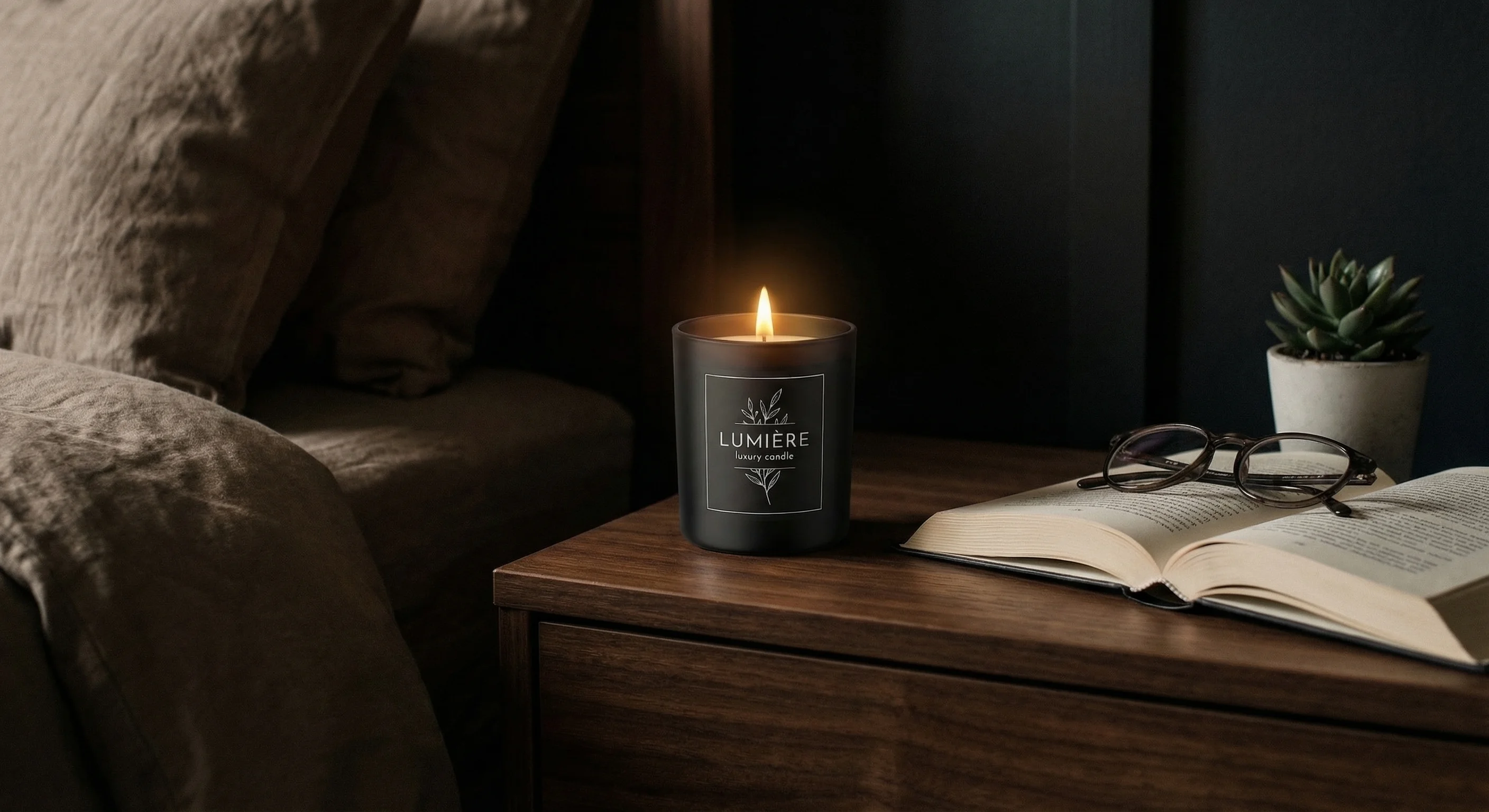 AI-generated lifestyle shot — moody bedroom nightstand